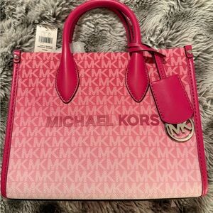 Michael Kors Pink Dragonfruit SM Shopper Crossbody MK Logo Canvas Tote $448 NWT